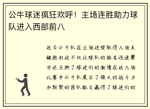 公牛球迷疯狂欢呼！主场连胜助力球队进入西部前八