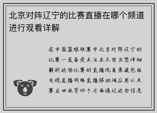 北京对阵辽宁的比赛直播在哪个频道进行观看详解
